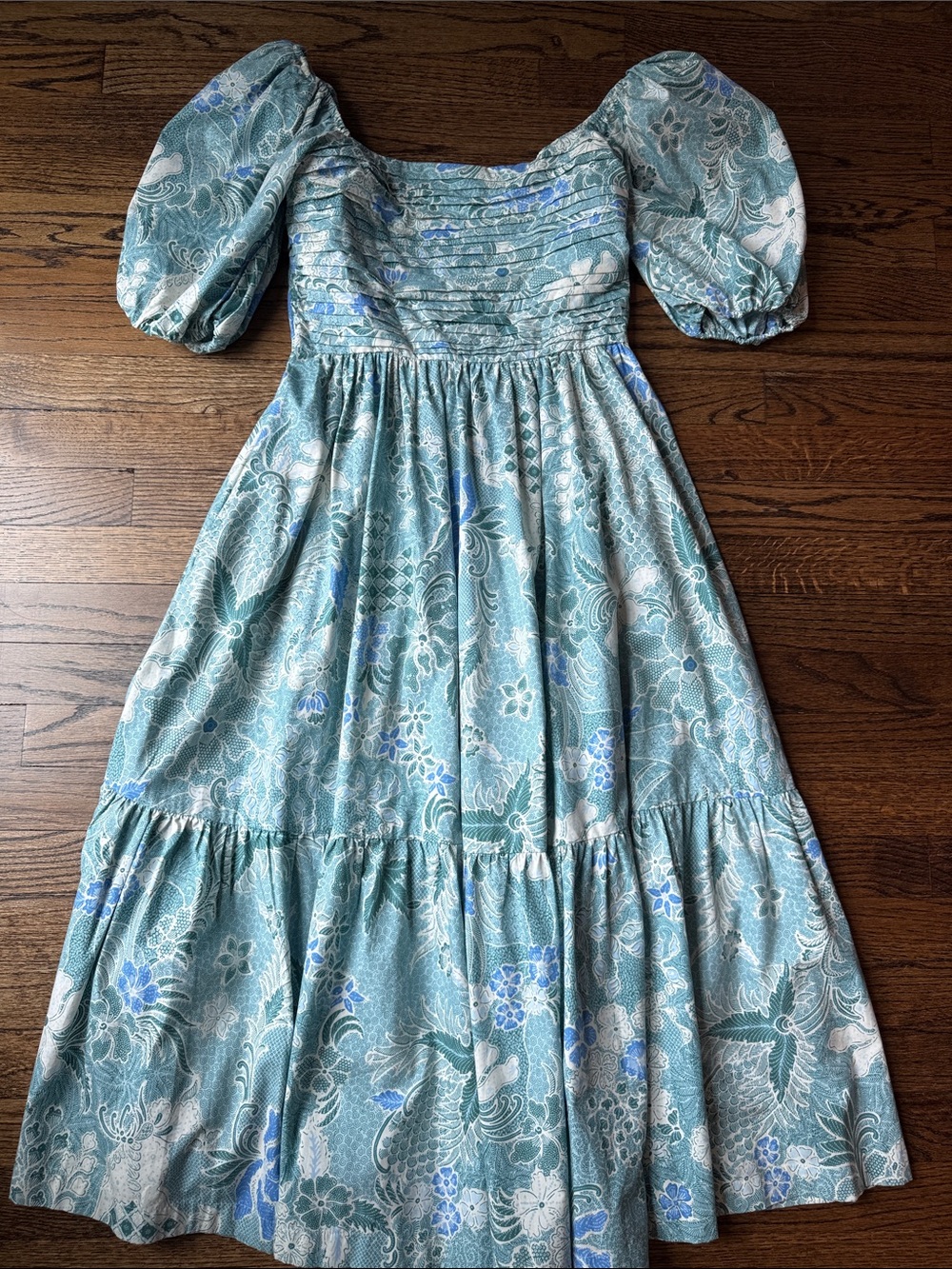Abercrombie & Fitch Sage Green & Blue Floral Puff-Sleeve Midi Dress